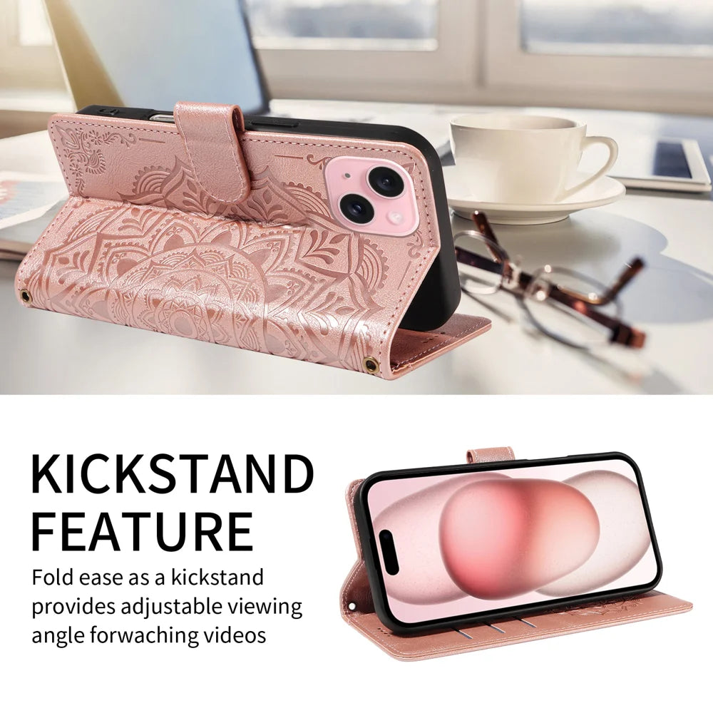 For iPhone 15 Wallet Case Embossed Mandala Pattern PU Leather + TPU Cover with Wrist Strap - Rose Gold - 2