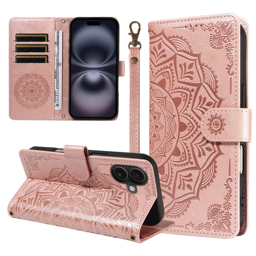 For iPhone 16 Wallet Case Embossed Mandala Pattern PU Leather + TPU Cover with Wrist Strap - Rose Gold - 1