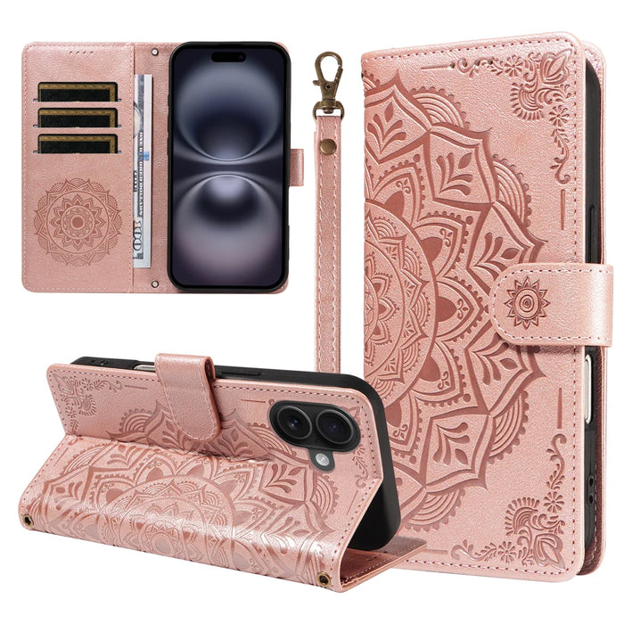 For iPhone 16 Wallet Case Embossed Mandala Pattern PU Leather + TPU Cover with Wrist Strap - Rose Gold - 1