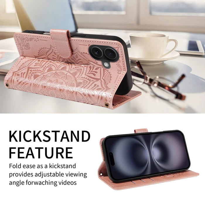 For iPhone 16 Wallet Case Embossed Mandala Pattern PU Leather + TPU Cover with Wrist Strap - Rose Gold - 2