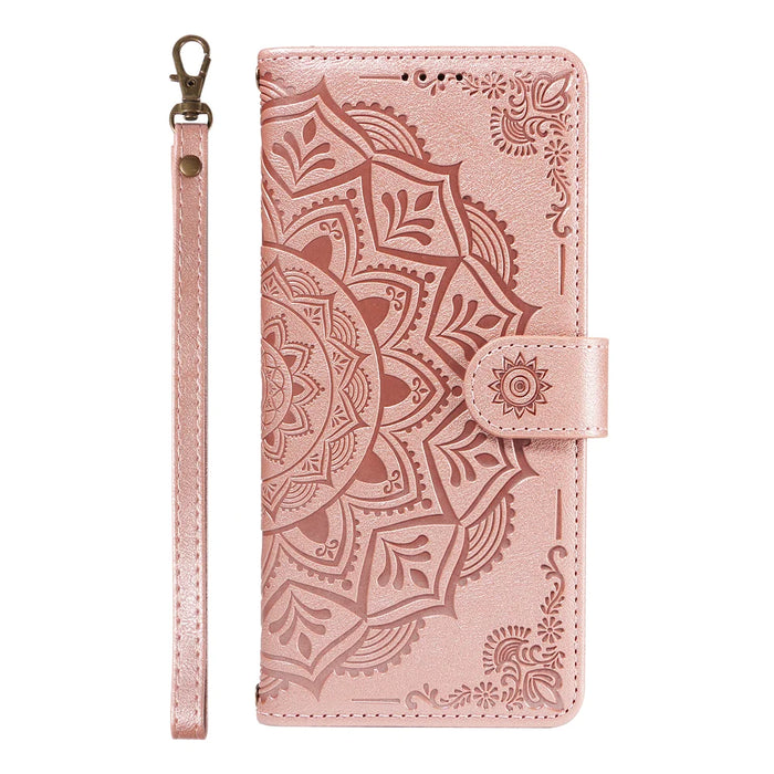 For iPhone 16 Wallet Case Embossed Mandala Pattern PU Leather + TPU Cover with Wrist Strap - Rose Gold - 4