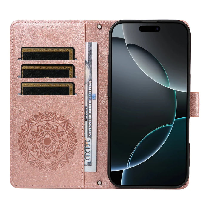 For iPhone 16 Wallet Case Embossed Mandala Pattern PU Leather + TPU Cover with Wrist Strap - Rose Gold - 6