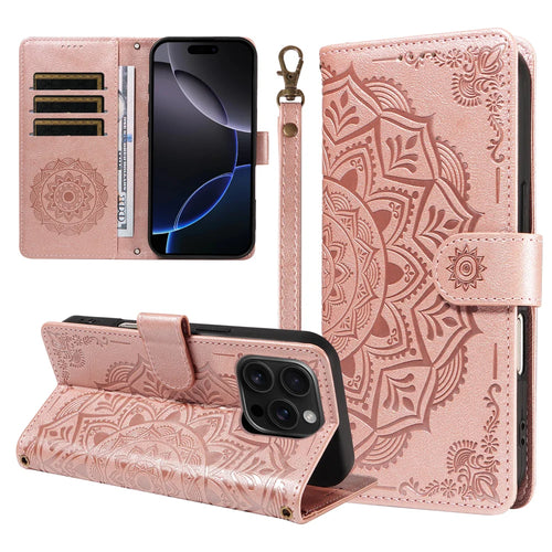 For iPhone 16 Pro Wallet Case Embossed Mandala Pattern PU Leather + TPU Cover with Wrist Strap - Rose Gold - 1