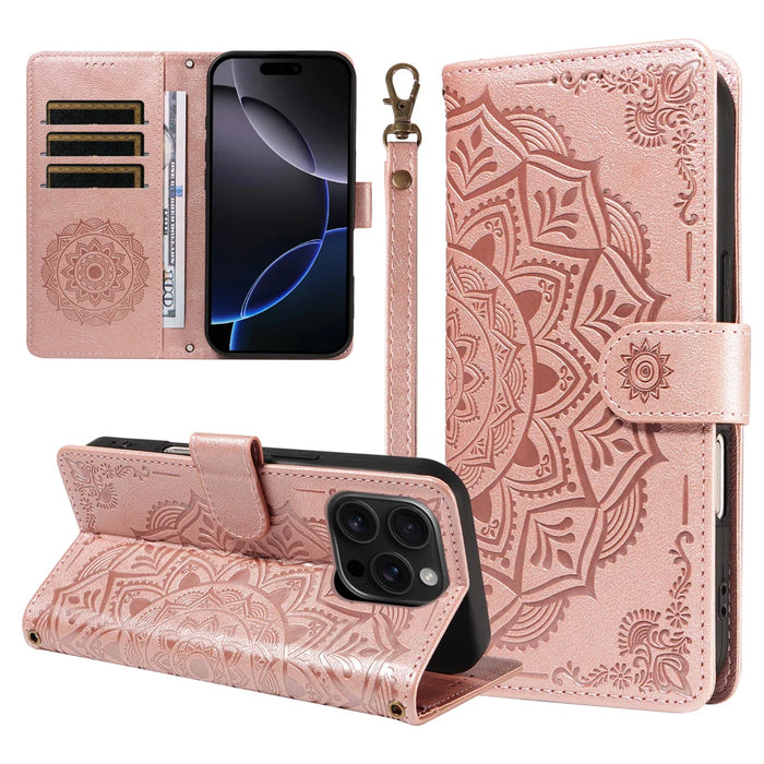For iPhone 16 Pro Wallet Case Embossed Mandala Pattern PU Leather + TPU Cover with Wrist Strap - Rose Gold - 1