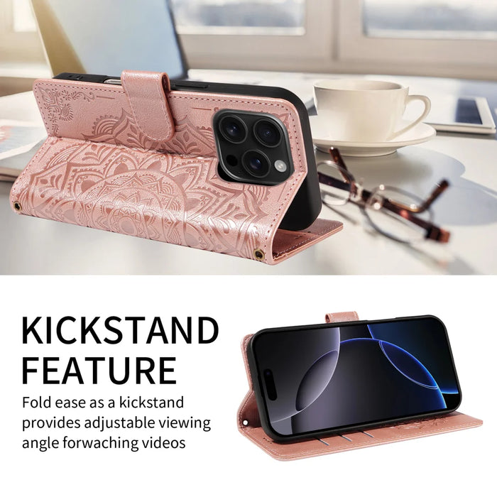 For iPhone 16 Pro Wallet Case Embossed Mandala Pattern PU Leather + TPU Cover with Wrist Strap - Rose Gold - 2