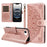 For iPhone 16e / iPhone 17e Wallet Case Embossed Mandala Pattern PU Leather + TPU Cover with Wrist Strap - Rose Gold - 1