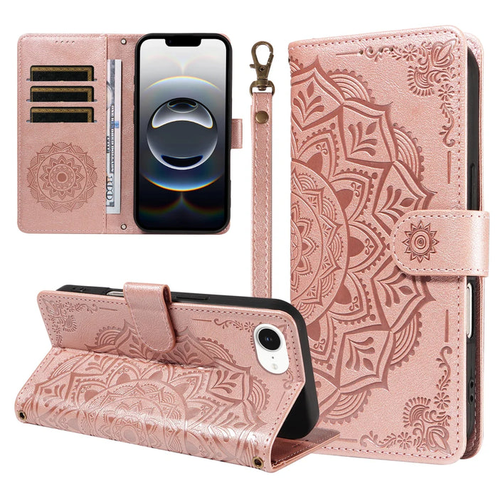 For iPhone 16e / iPhone 17e Wallet Case Embossed Mandala Pattern PU Leather + TPU Cover with Wrist Strap - Rose Gold - 1