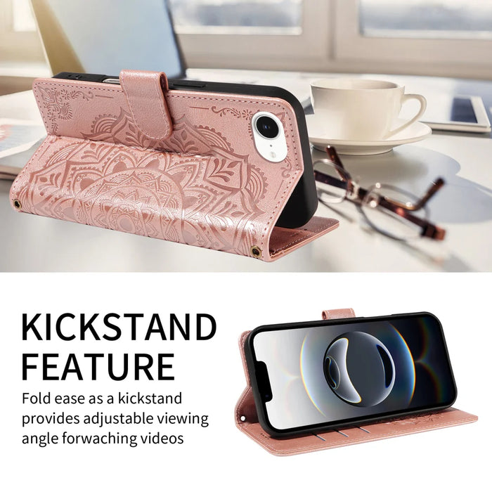 For iPhone 16e / iPhone 17e Wallet Case Embossed Mandala Pattern PU Leather + TPU Cover with Wrist Strap - Rose Gold - 2
