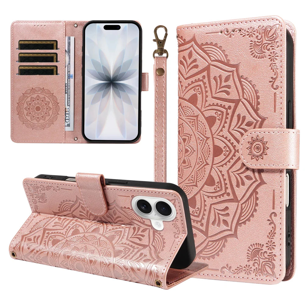 For iPhone 17 Wallet Case Embossed Mandala Pattern PU Leather + TPU Cover with Wrist Strap - Rose Gold - 1