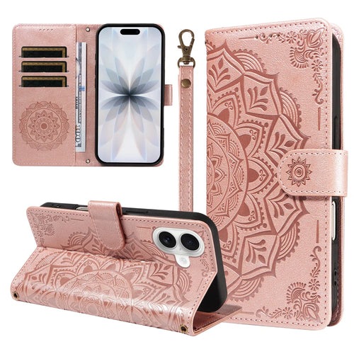 For iPhone 17 Wallet Case Embossed Mandala Pattern PU Leather + TPU Cover with Wrist Strap - Rose Gold - 1
