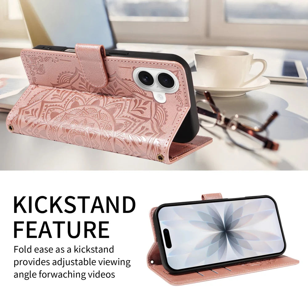 For iPhone 17 Wallet Case Embossed Mandala Pattern PU Leather + TPU Cover with Wrist Strap - Rose Gold - 2