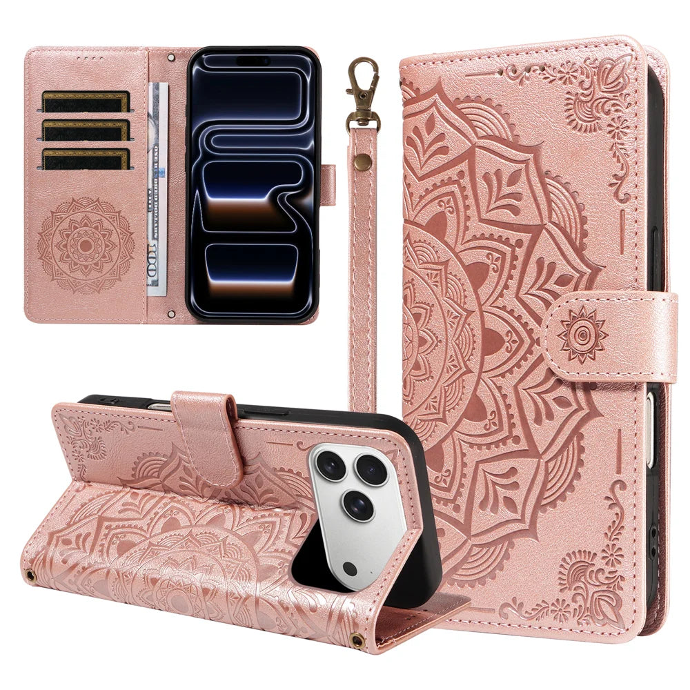 For iPhone 18 Pro Max / 17 Pro Max Wallet Case Embossed Mandala Pattern PU Leather + TPU Cover with Wrist Strap - Rose Gold - 1