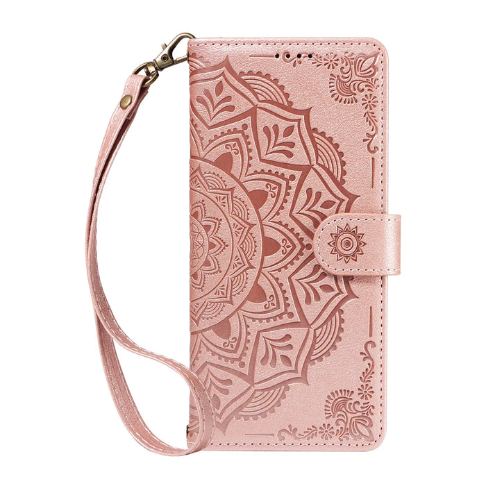 For iPhone 18 Pro Max / 17 Pro Max Wallet Case Embossed Mandala Pattern PU Leather + TPU Cover with Wrist Strap - Rose Gold - 3
