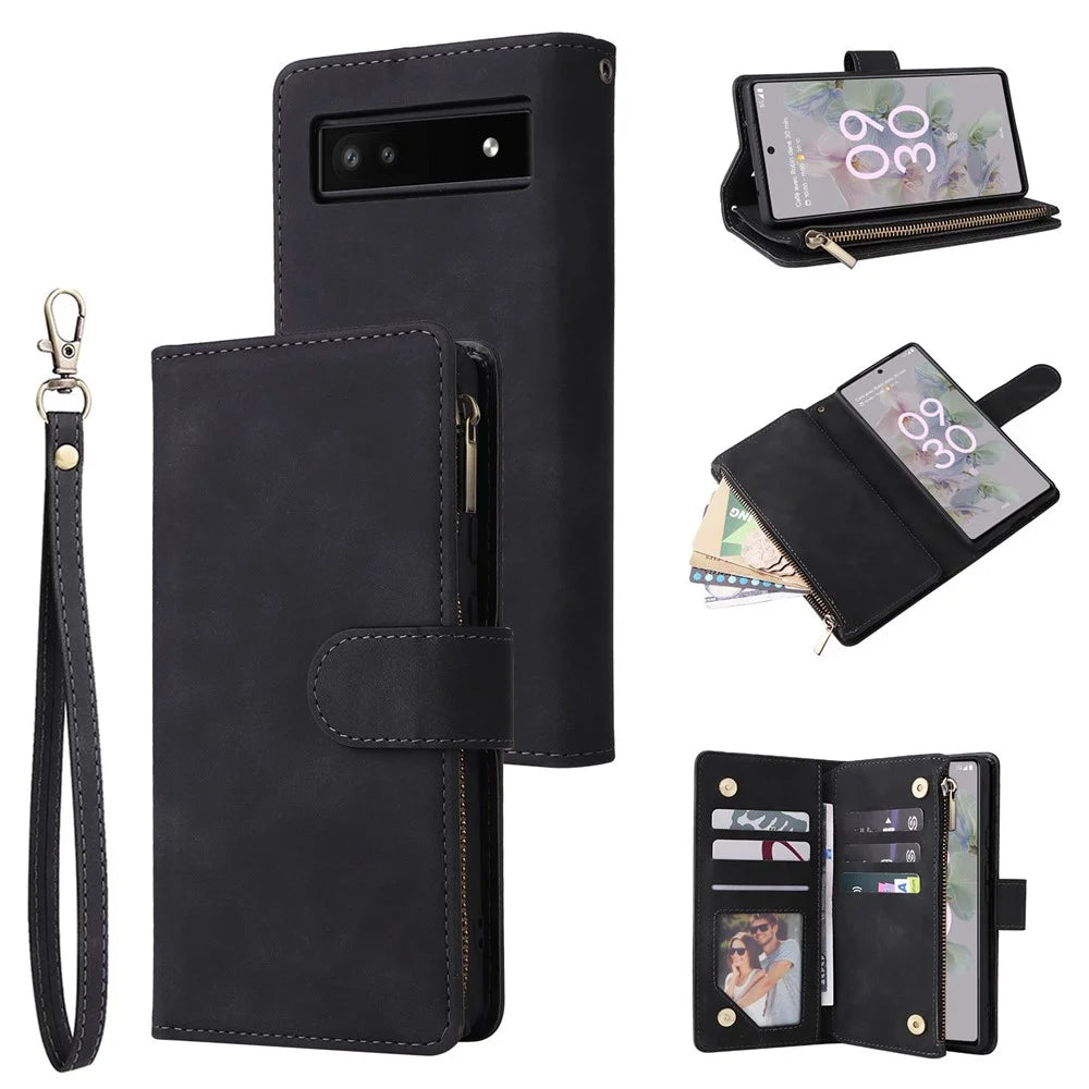 For Google Pixel 7 5G Multiple Card Slots Zipper Pocket PU Leather Stand Case Magnetic Clasp Drop-proof Phone Wallet Cover - Black - 1