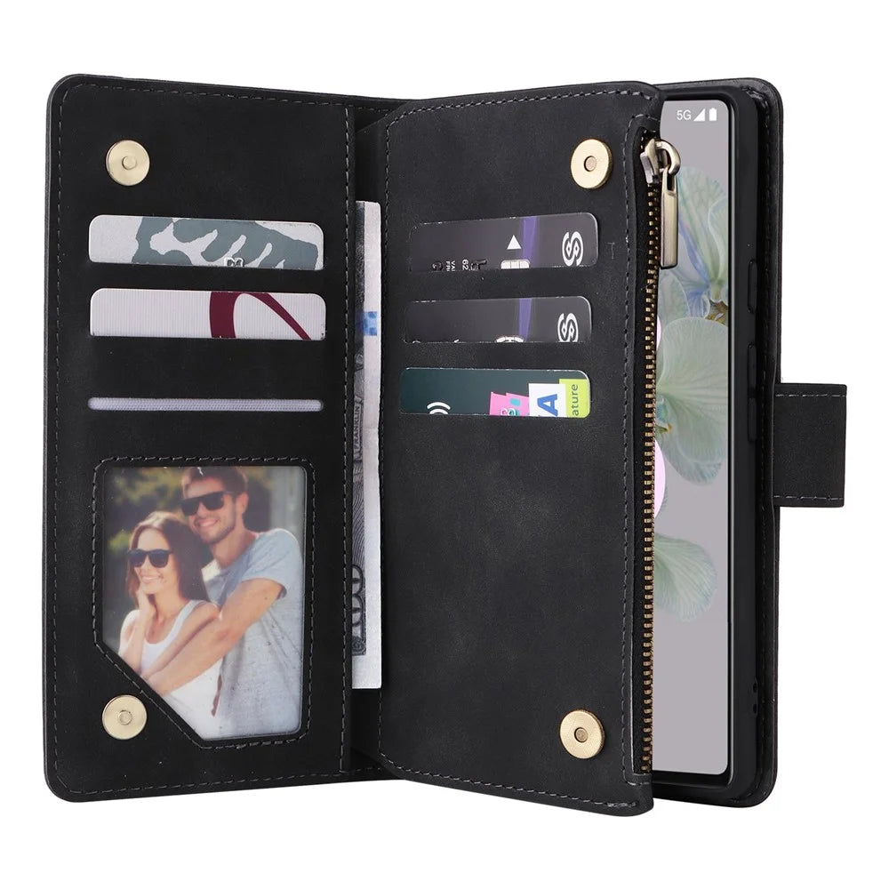 For Google Pixel 7 5G Multiple Card Slots Zipper Pocket PU Leather Stand Case Magnetic Clasp Drop-proof Phone Wallet Cover - Black - 2