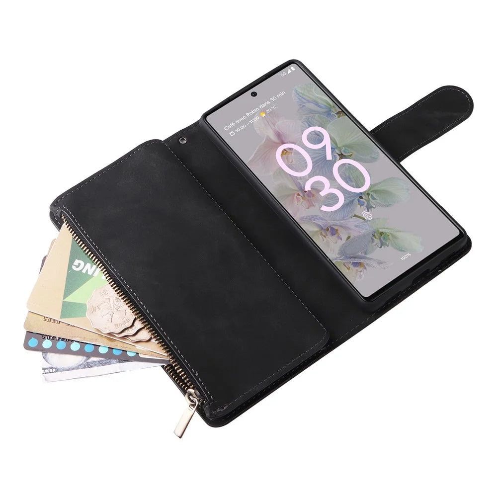 For Google Pixel 7 5G Multiple Card Slots Zipper Pocket PU Leather Stand Case Magnetic Clasp Drop-proof Phone Wallet Cover - Black - 4