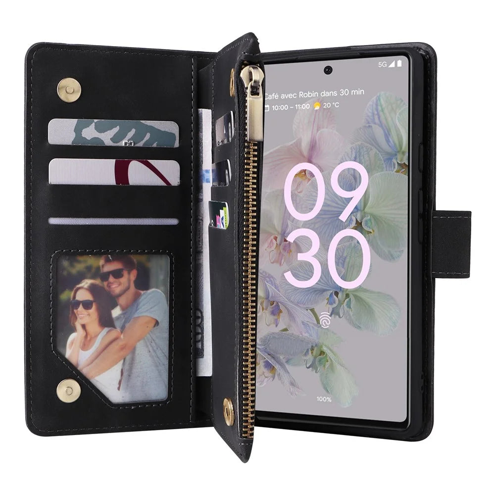 For Google Pixel 7 5G Multiple Card Slots Zipper Pocket PU Leather Stand Case Magnetic Clasp Drop-proof Phone Wallet Cover - Black - 5