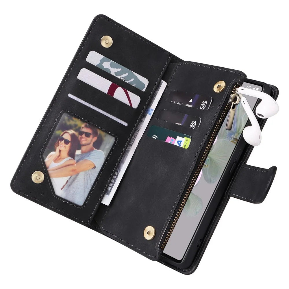 For Google Pixel 7 5G Multiple Card Slots Zipper Pocket PU Leather Stand Case Magnetic Clasp Drop-proof Phone Wallet Cover - Black - 6