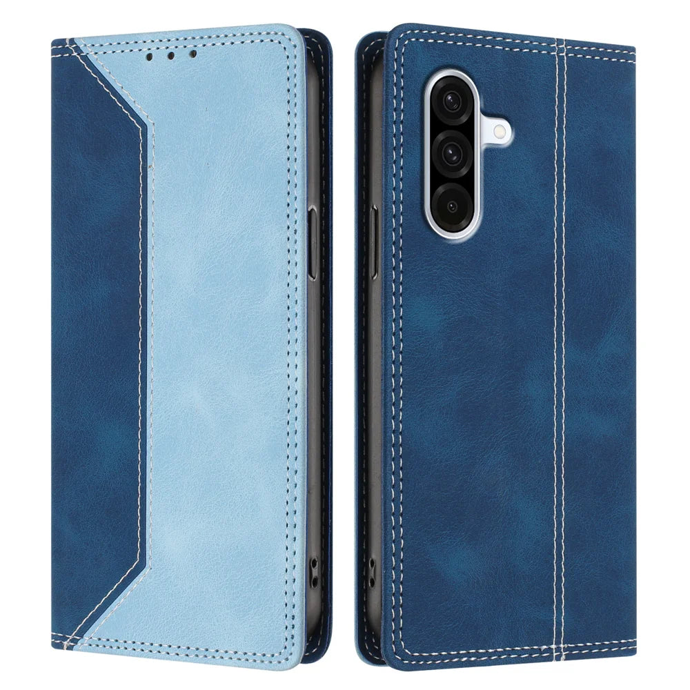 For Samsung Galaxy A37 5G Leather Case Skin Touch Color Splicing RFID Blocking Wallet Stand Phone Cover - Dark Blue / Blue - 1