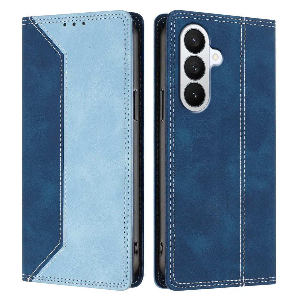 For Samsung Galaxy S26+ Leather Case Skin Touch Color Splicing RFID Blocking Wallet Stand Phone Cover - Dark Blue / Blue - 1