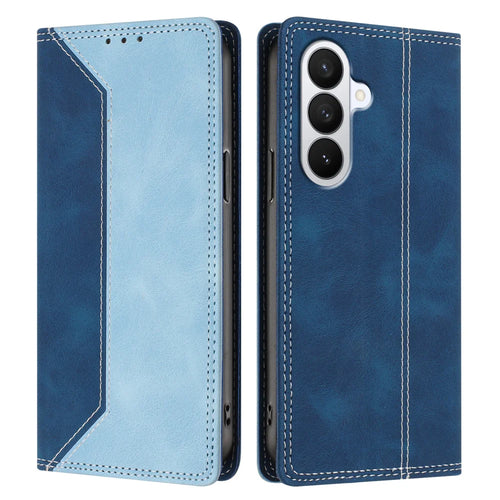 For Samsung Galaxy S26+ Leather Case Skin Touch Color Splicing RFID Blocking Wallet Stand Phone Cover - Dark Blue / Blue - 1