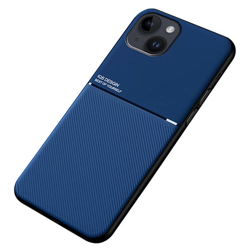 For iPhone 14 Lines Imprinted Phone Case PU Leather+TPU Anti-drop Cover with Built-in Metal Sheet - Blue - 1