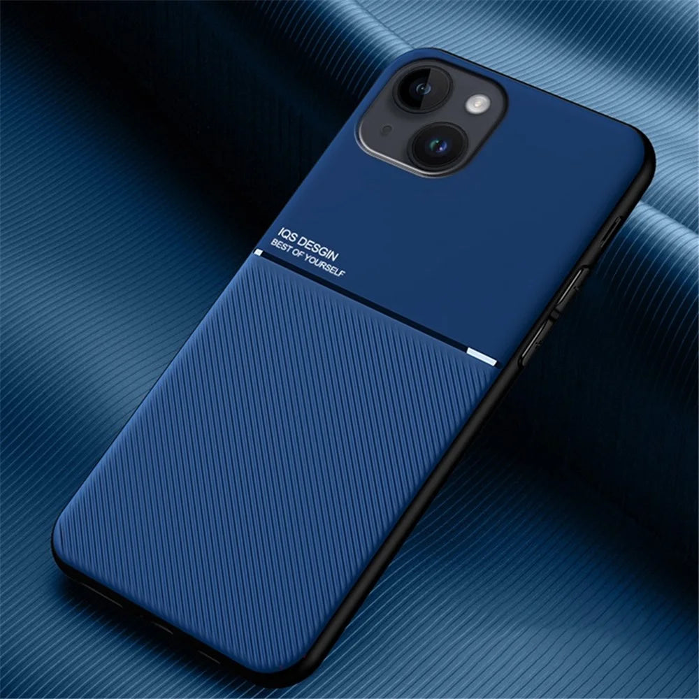 For iPhone 14 Lines Imprinted Phone Case PU Leather+TPU Anti-drop Cover with Built-in Metal Sheet - Blue - 2
