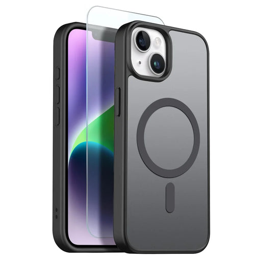 NORTHJO For iPhone 14 Case Compatible with MagSafe Translucent Matte Shockproof Phone Cover with Tempered Glass Film - Black - 1