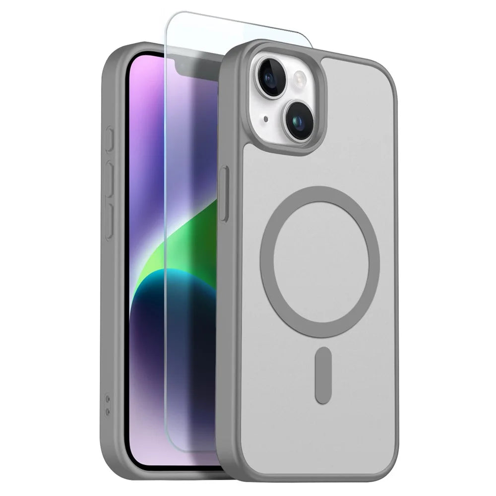 NORTHJO For iPhone 14 Plus Case Compatible with MagSafe Translucent Matte Shockproof Phone Cover with Tempered Glass Film - Grey - 1