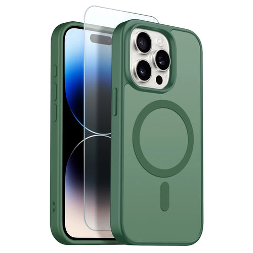 NORTHJO For iPhone 14 Pro Case Compatible with MagSafe Translucent Matte Shockproof Phone Cover with Tempered Glass Film - Green - 1