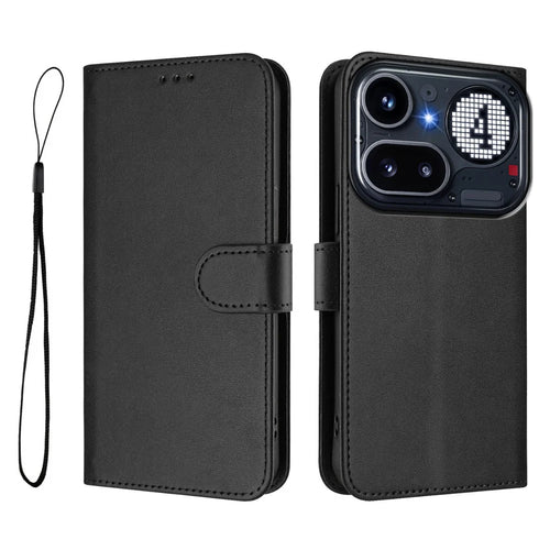 For Nothing Phone (4a) Pro Wallet Case RFID Blocking Calf Texture Leather Stand Phone Cover with Strap - Black - 1