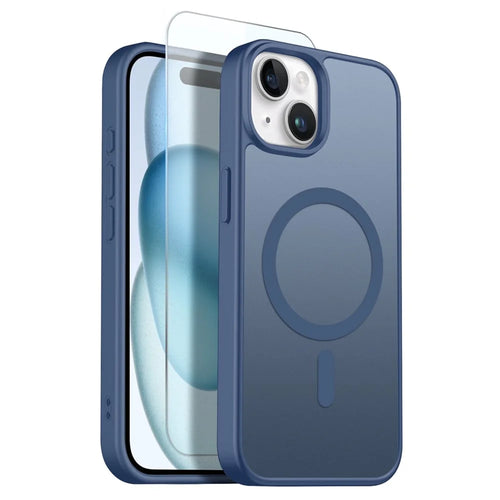 NORTHJO For iPhone 15 Case Compatible with MagSafe Translucent Matte Shockproof Phone Cover with Tempered Glass Film - Blue - 1