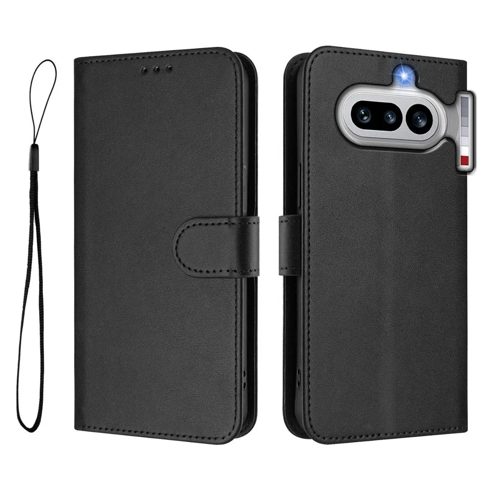 For Nothing Phone (4a) Wallet Case RFID Blocking Calf Texture Leather Stand Phone Cover with Strap - Black - 1