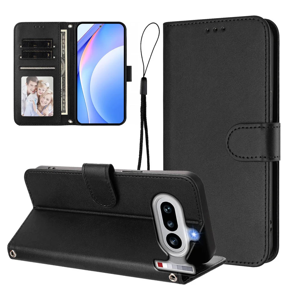 For Nothing Phone (4a) Wallet Case RFID Blocking Calf Texture Leather Stand Phone Cover with Strap - Black - 3