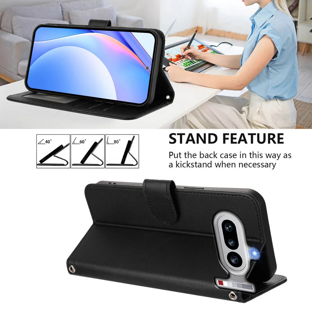 For Nothing Phone (4a) Wallet Case RFID Blocking Calf Texture Leather Stand Phone Cover with Strap - Black - 4