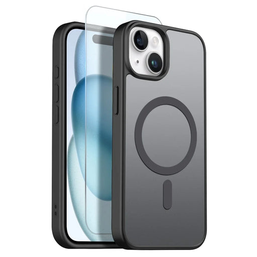 NORTHJO For iPhone 15 Plus Case Compatible with MagSafe Translucent Matte Shockproof Phone Cover with Tempered Glass Film - Black - 1