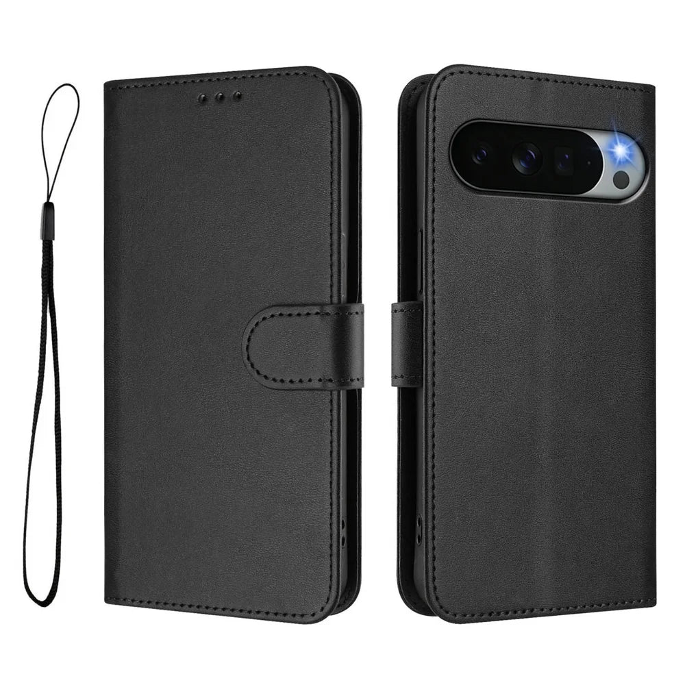 For Google Pixel 11 Pro XL Wallet Case RFID Blocking Calf Texture Leather Stand Phone Cover with Strap - Black - 1