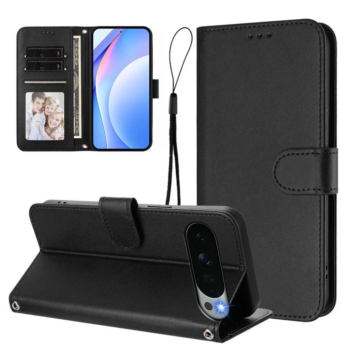 For Google Pixel 11 Pro XL Wallet Case RFID Blocking Calf Texture Leather Stand Phone Cover with Strap - Black - 2