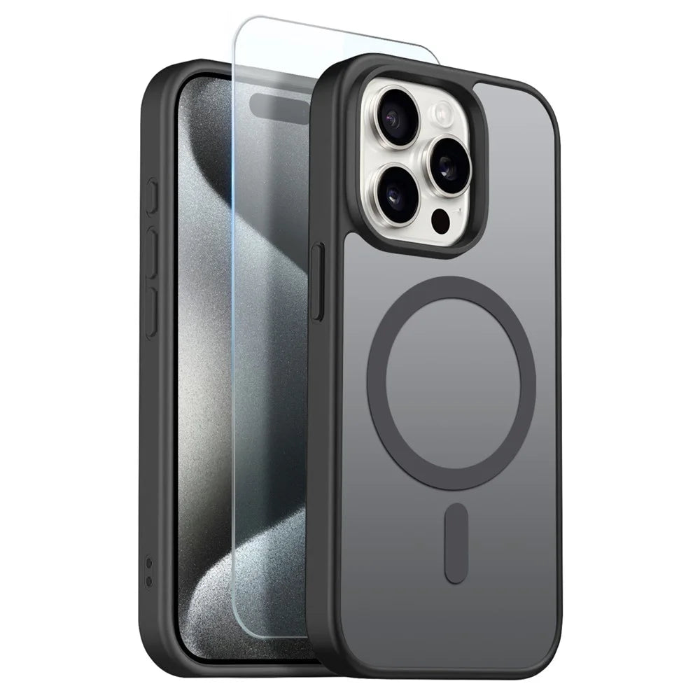 NORTHJO For iPhone 15 Pro Case Compatible with MagSafe Translucent Matte Shockproof Phone Cover with Tempered Glass Film - Black - 1