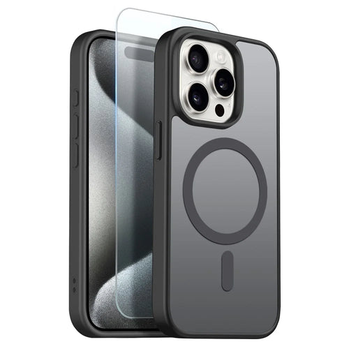 NORTHJO For iPhone 15 Pro Case Compatible with MagSafe Translucent Matte Shockproof Phone Cover with Tempered Glass Film - Black - 1