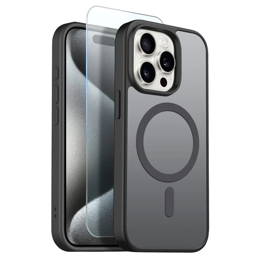 NORTHJO For iPhone 15 Pro Case Compatible with MagSafe Translucent Matte Shockproof Phone Cover with Tempered Glass Film - Black - 1