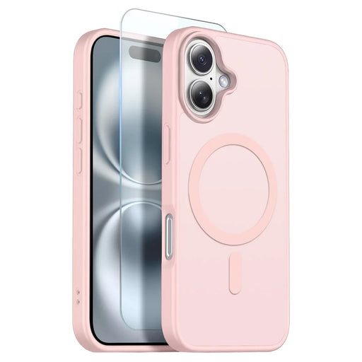 NORTHJO For iPhone 16 Case Compatible with MagSafe Translucent Matte Shockproof Phone Cover with Tempered Glass Film - Pink - 1