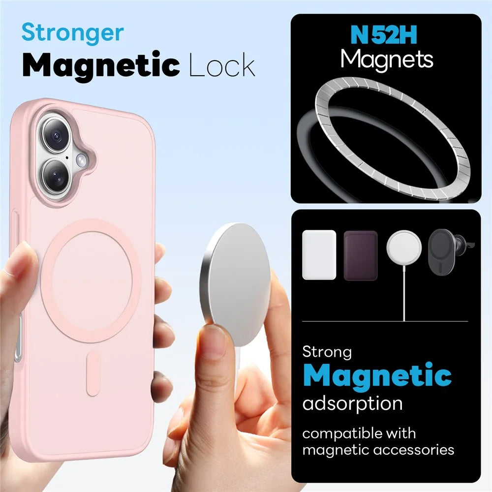 NORTHJO For iPhone 16 Case Compatible with MagSafe Translucent Matte Shockproof Phone Cover with Tempered Glass Film - Pink - 2
