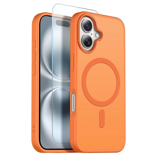 NORTHJO For iPhone 16 Plus Case Compatible with MagSafe Translucent Matte Shockproof Phone Cover with Tempered Glass Film - Orange - 1