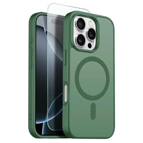 NORTHJO For iPhone 16 Pro Case Compatible with MagSafe Translucent Matte Shockproof Phone Cover with Tempered Glass Film - Green - 1