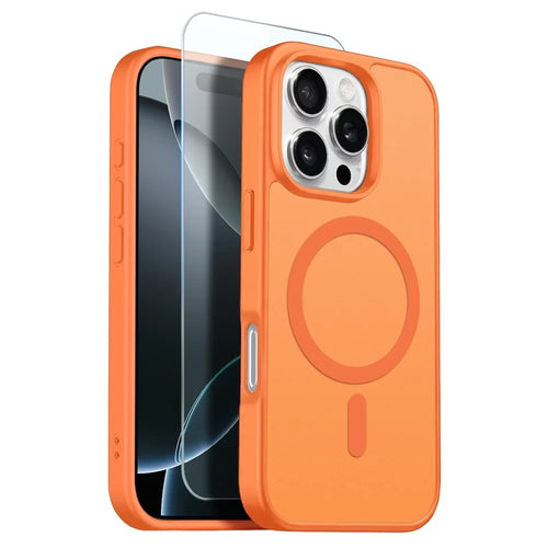 NORTHJO For iPhone 16 Pro Max Case Compatible with MagSafe Translucent Matte Shockproof Phone Cover with Tempered Glass Film - Orange - 1