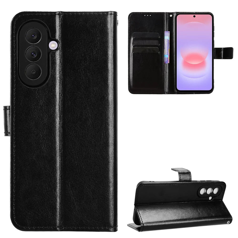 For Samsung Galaxy A57 5G PU Leather Case with Strap Crazy Horse Texture Phone Wallet Cover - Black - 1