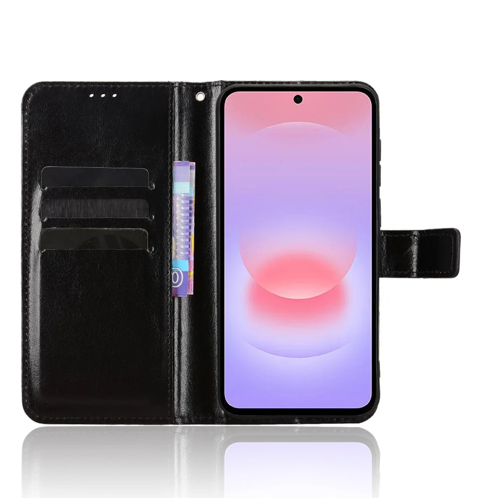 For Samsung Galaxy A57 5G PU Leather Case with Strap Crazy Horse Texture Phone Wallet Cover - Black - 5