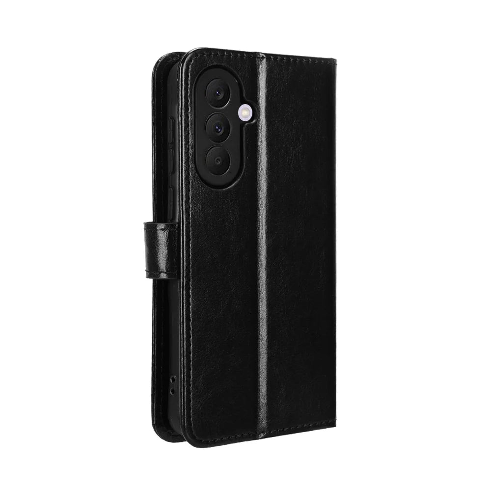 For Samsung Galaxy A57 5G PU Leather Case with Strap Crazy Horse Texture Phone Wallet Cover - Black - 7