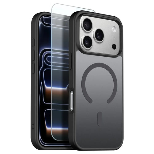 NORTHJO For iPhone 17 Pro Case Compatible with MagSafe Translucent Matte Shockproof Phone Cover with Tempered Glass Film - Black - 1